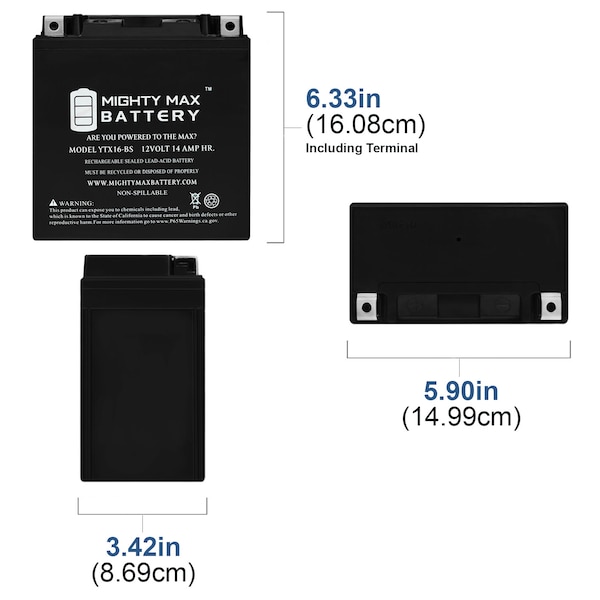 YTX16-BS 12V 14Ah Battery Replaces Suzuki Motorcycles / Scooters